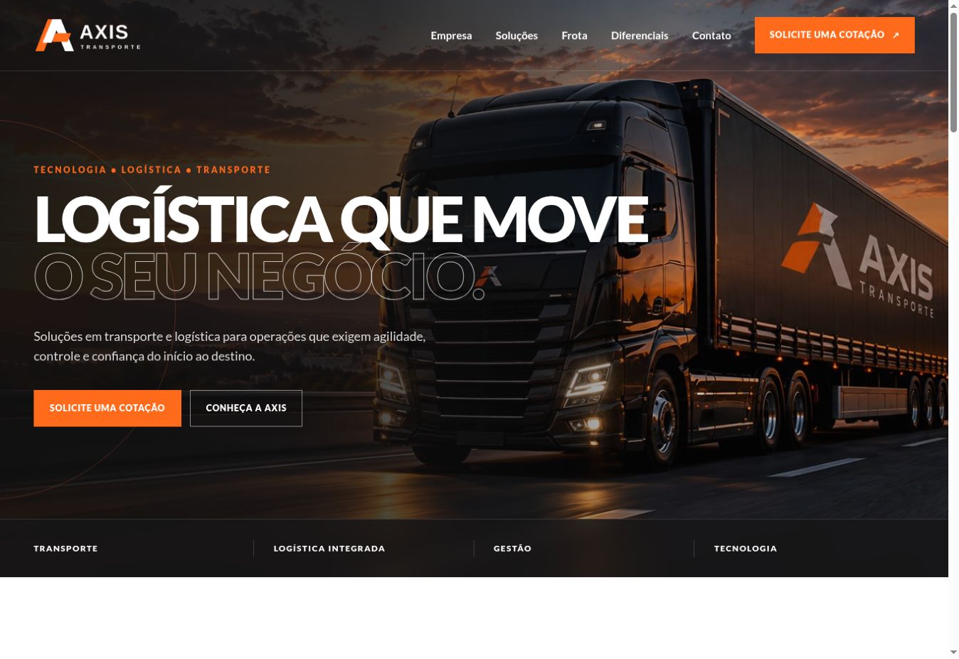 Tela inicial do site Axis Transporte, desenvolvido por Maximilliano Cramer