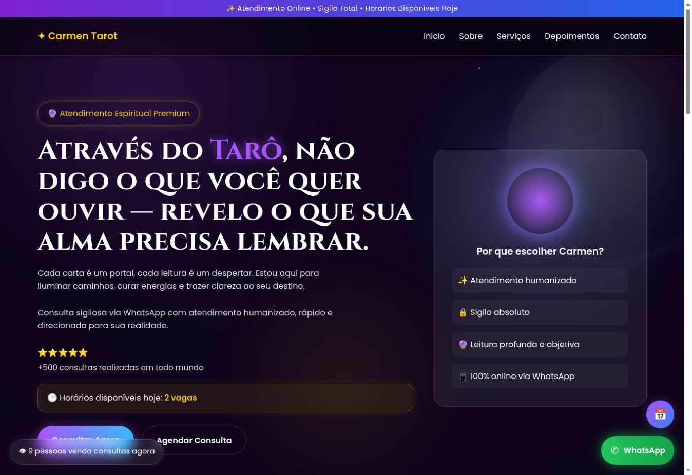 Tela inicial do site Carmen Tarot, desenvolvido por Maximilliano Cramer